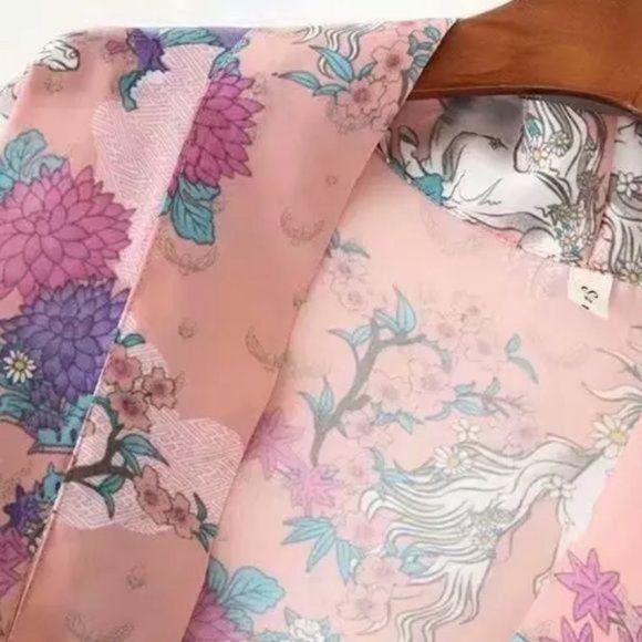 Luxe Boho Wild Horses Pink Floral Kimono Coverup - Picture 5 of 9